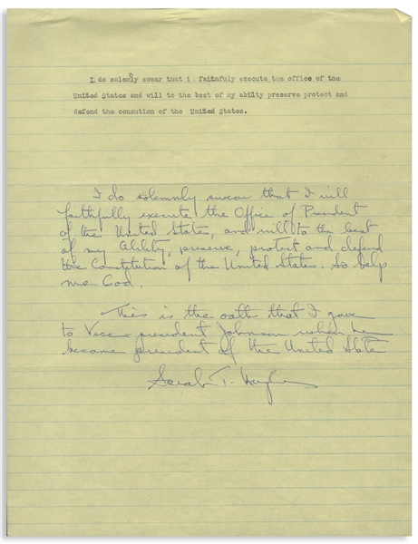 Sarah T. Hughes Signed Handwritten Oath of Office -- Hughes Famously Administered the Presidential Oath of Office to Lyndon B. Johnson Aboard Air Force One After JFK's Assassination